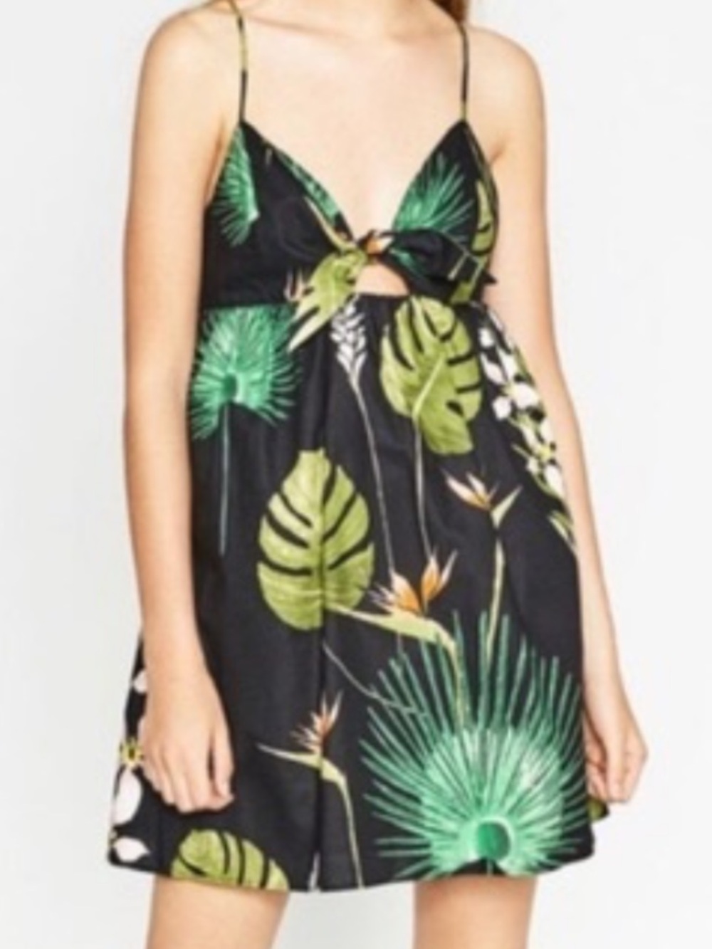 Zara Black Tropical Leaf Tie-Front Dress with Green Print